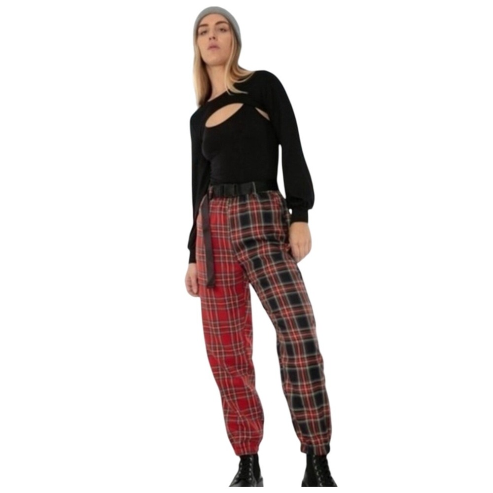 Women's Red Black Plaid Jogger Pants Patchwork Belted Cuffed Trouser,‎ M.  NWT